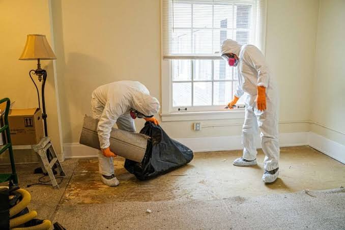 Restoration specialists removing waterlogged carpet and flood-damaged flooring